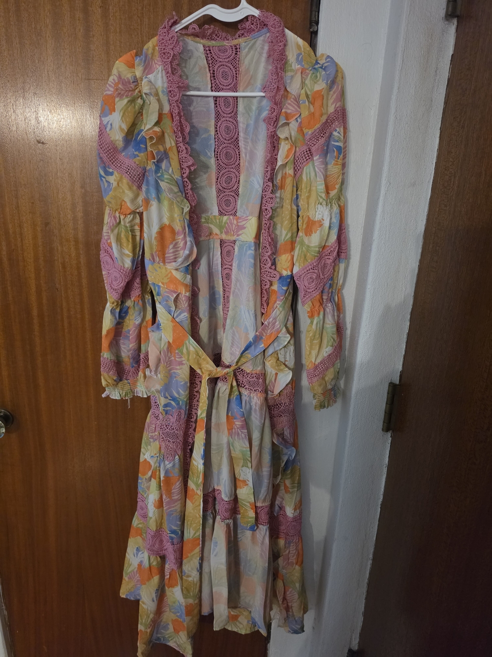 SHEIN Pastel Floral Maxi Dress with Pink Lace Trim